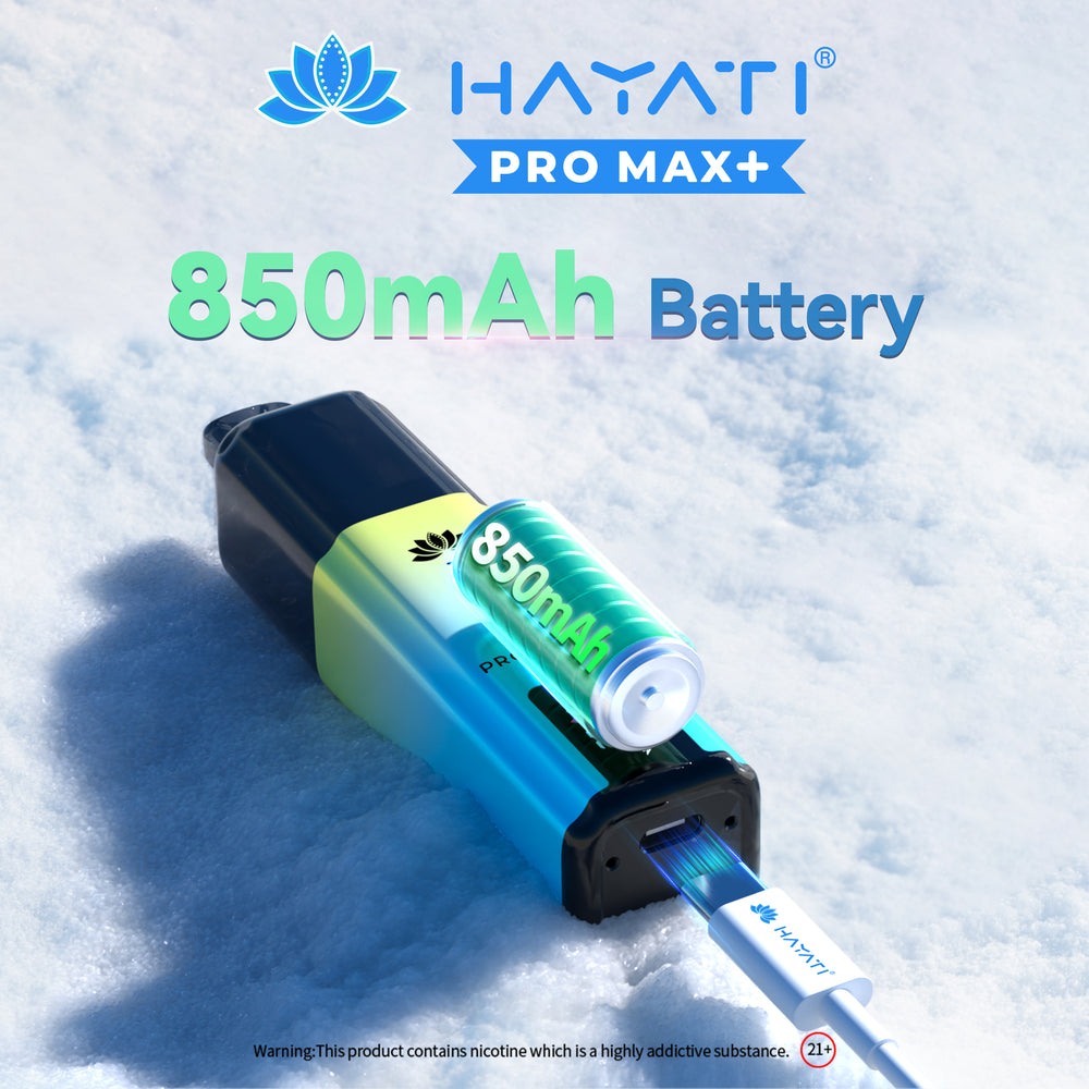 Hayati Pro Max+ device with 850mAh battery on a snowy background