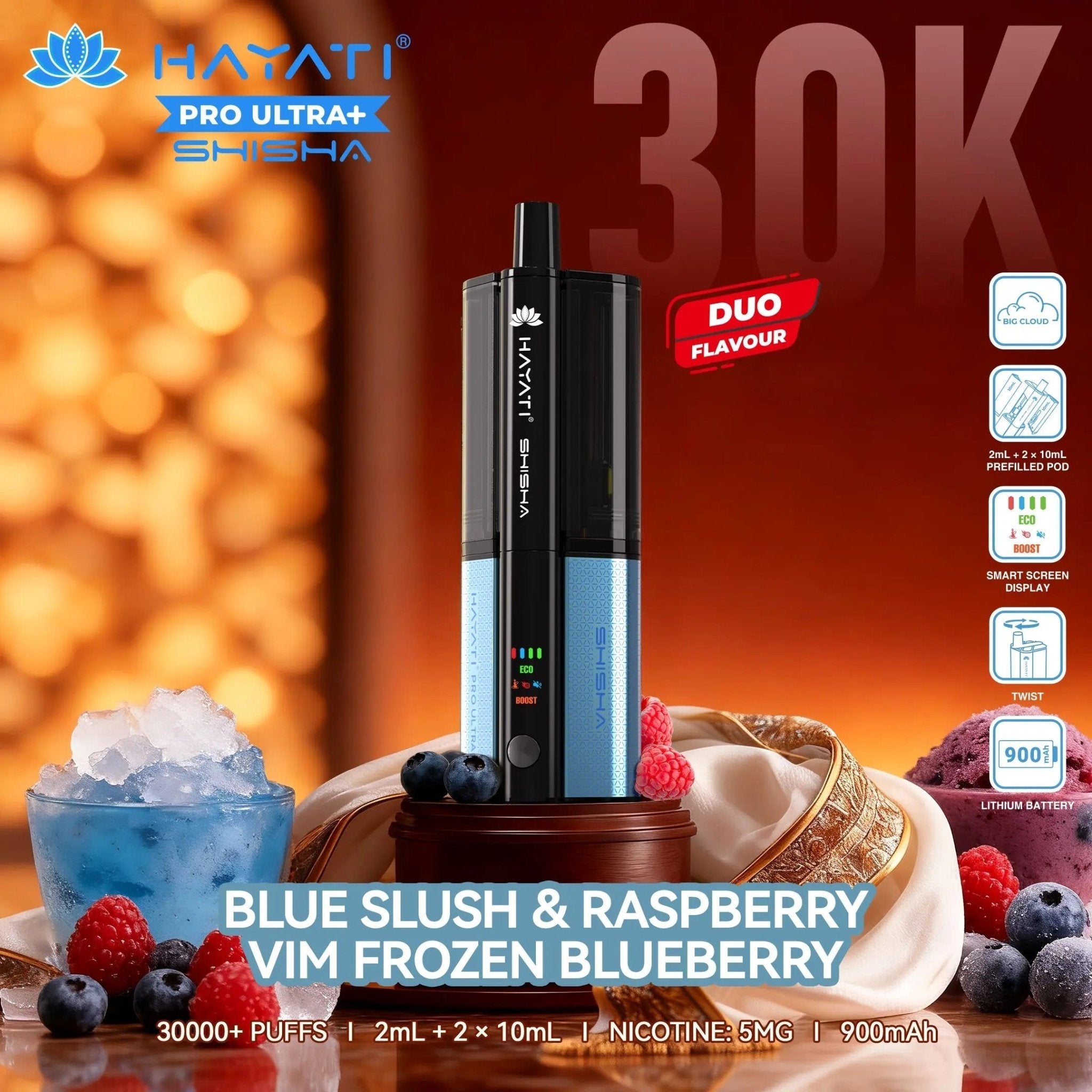 Hayati Shisha 30K Pro Ultra Plus 30000 Puff Pod Kit - Blue Slush Raspberry – Vim Frozen Blueberry-Planet Puff