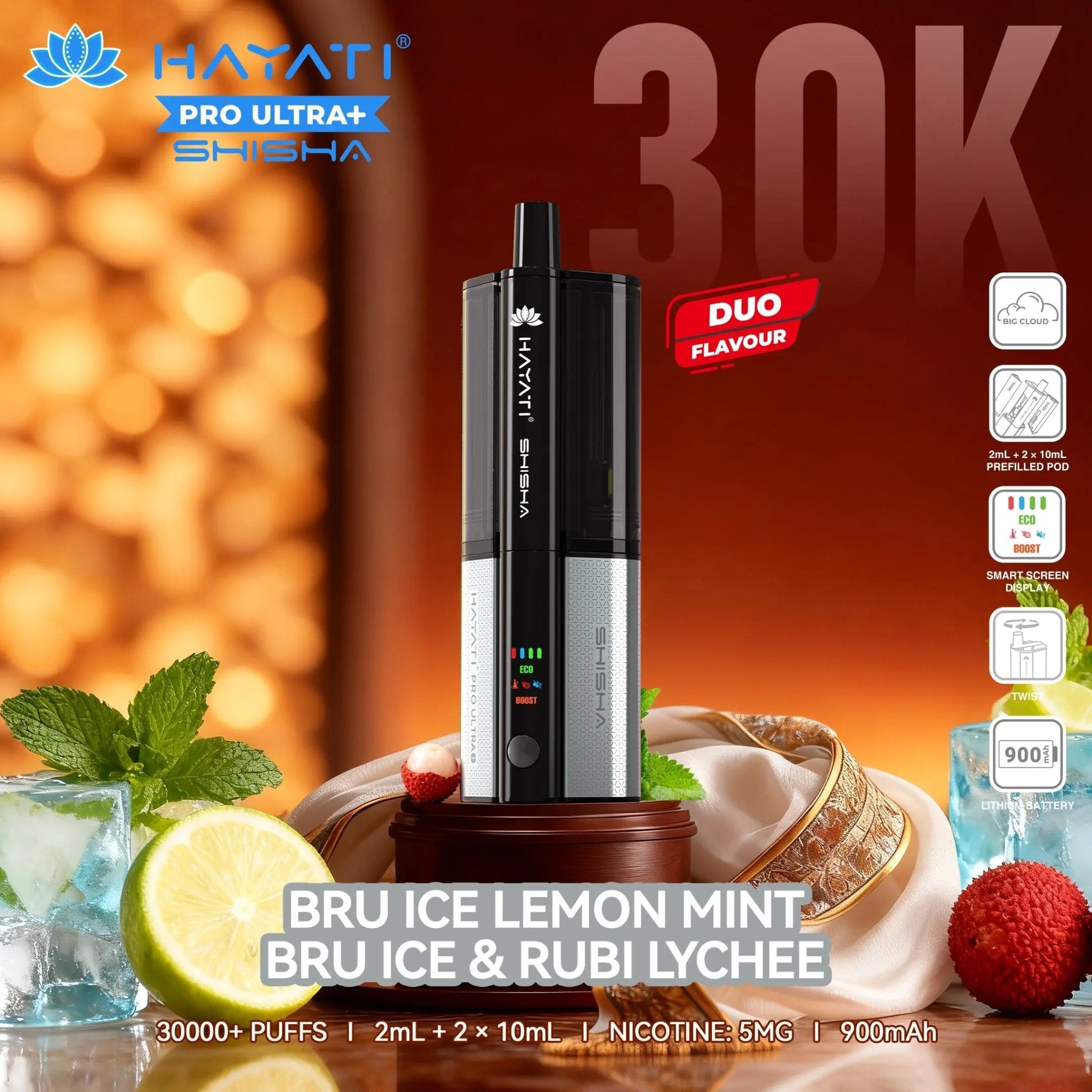 Hayati Shisha 30K Pro Ultra Plus 30000 Puff Pod Kit - Bru Ice Lemon Mint – Bru Ice & Ruby Lychee-Planet Puff