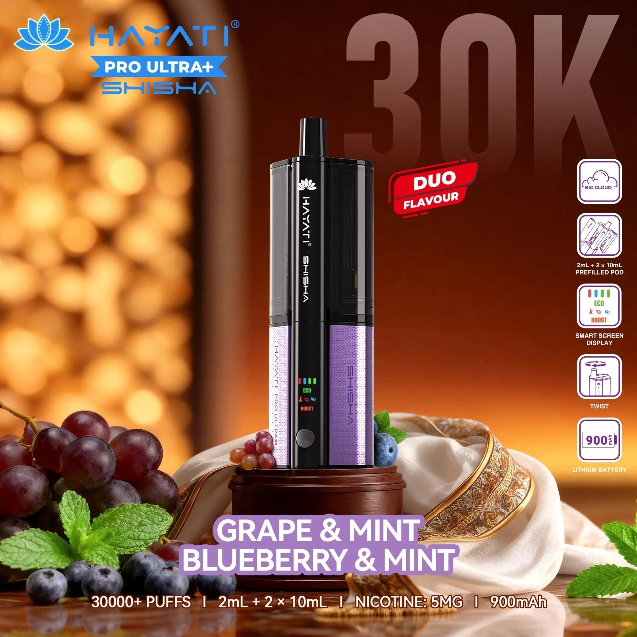 Hayati Shisha 30K Pro Ultra Plus 30000 Puff Pod Kit - Grape Mint – Blueberry Mint-Planet Puff