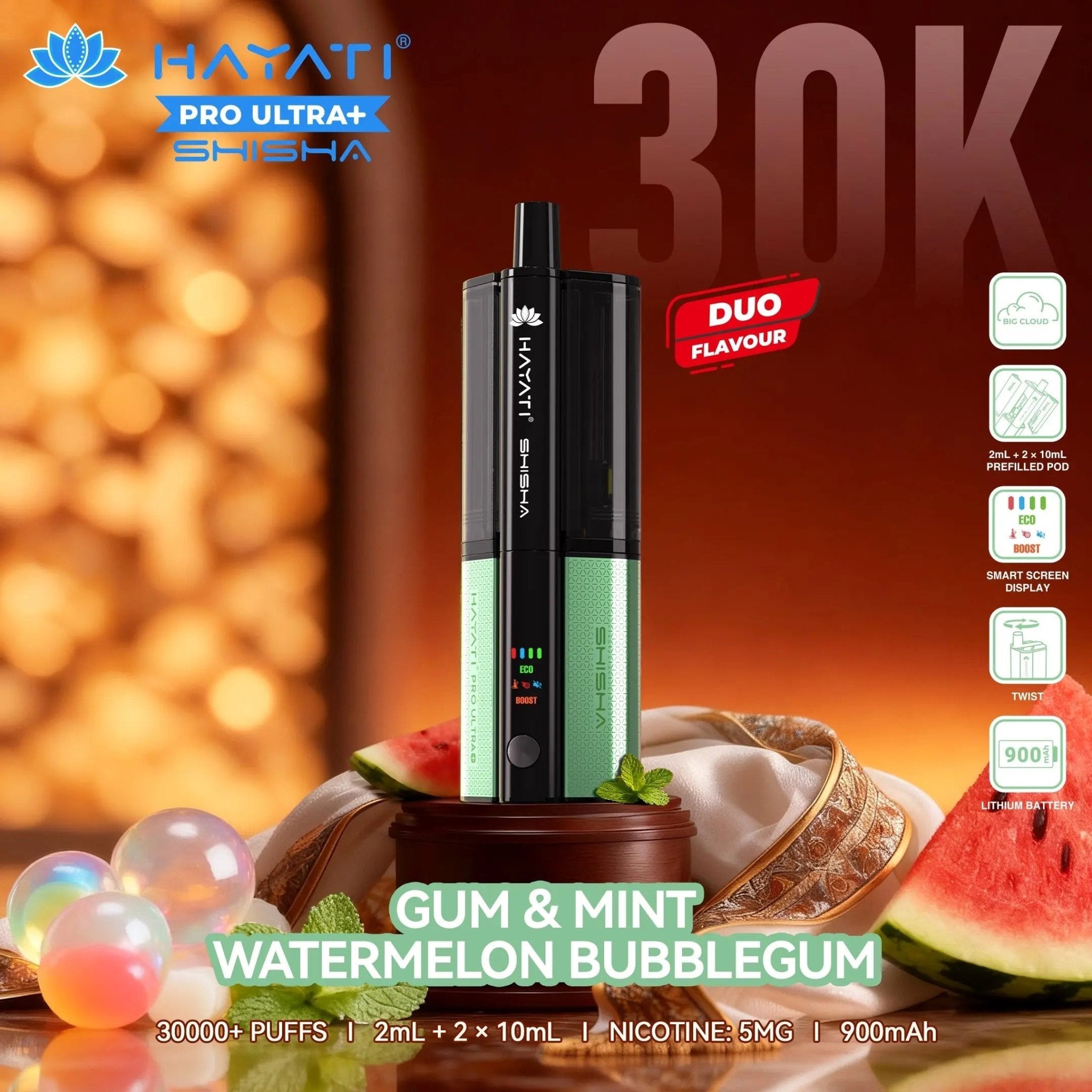 Hayati Shisha 30K Pro Ultra Plus 30000 Puff Pod Kit - Gum Mint – Watermelon Bubblegum-Planet Puff
