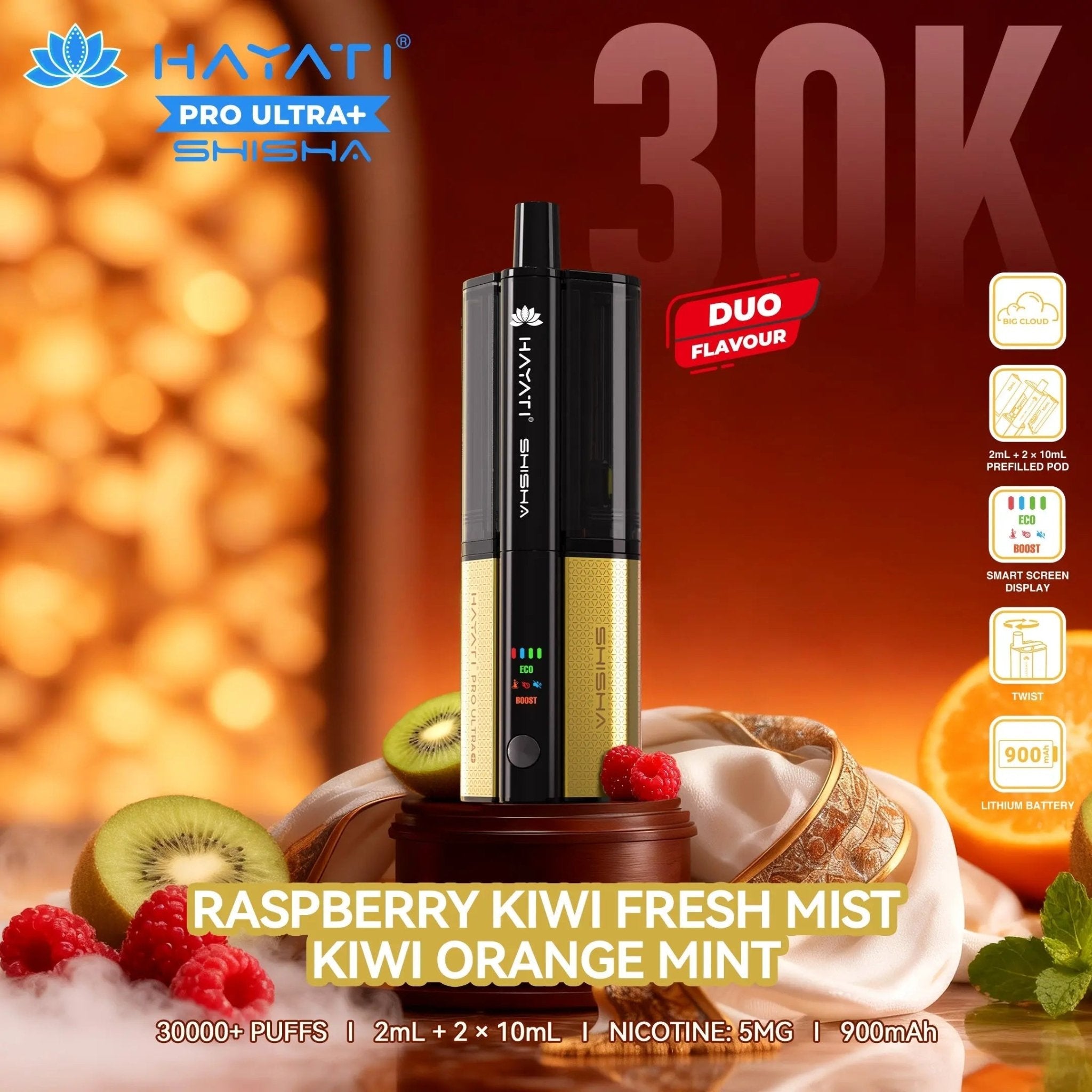 Hayati Shisha 30K Pro Ultra Plus 30000 Puff Pod Kit - Raspberry Kiwi Fresh Mist – Kiwi Orange Mint-Planet Puff