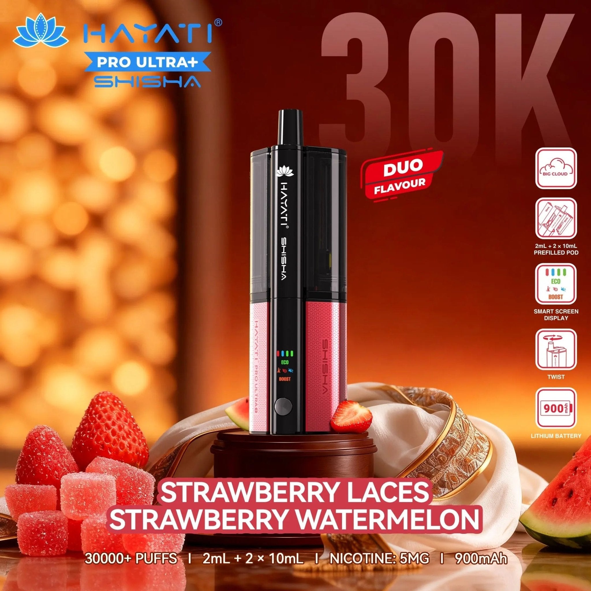 Hayati Shisha 30K Pro Ultra Plus 30000 Puff Pod Kit - Strawberry Laces – Strawberry Watermelon-Planet Puff