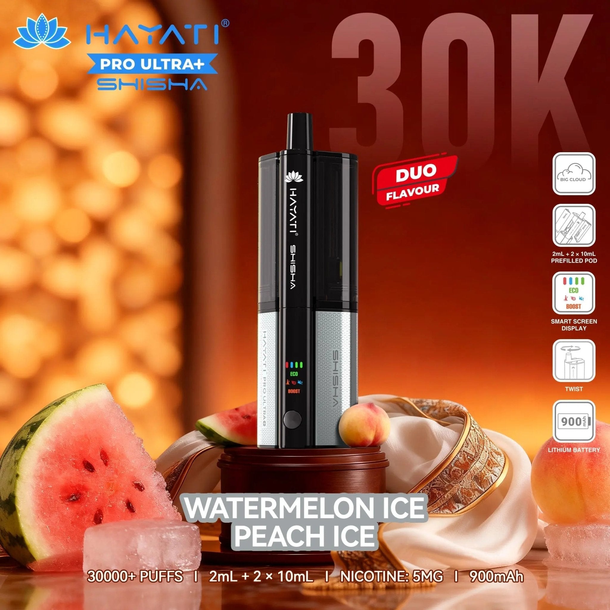 Hayati Shisha 30K Pro Ultra Plus 30000 Puff Pod Kit - Watermelon Ice – Peach Ice-Planet Puff