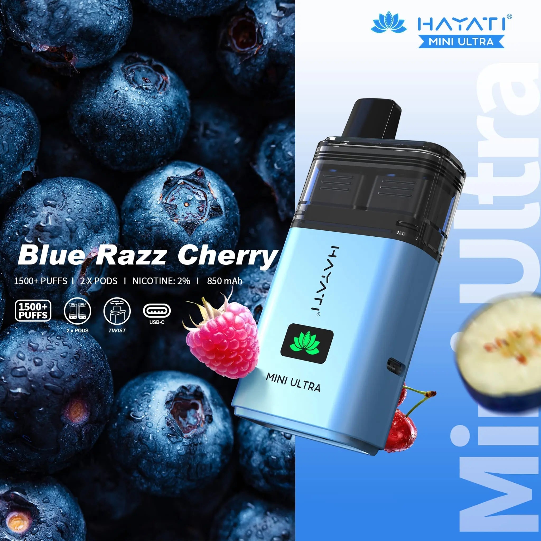Hayati Mini Ultra 1500 Prefilled Vape Kit -Blue Razz Cherry-Planet Puff