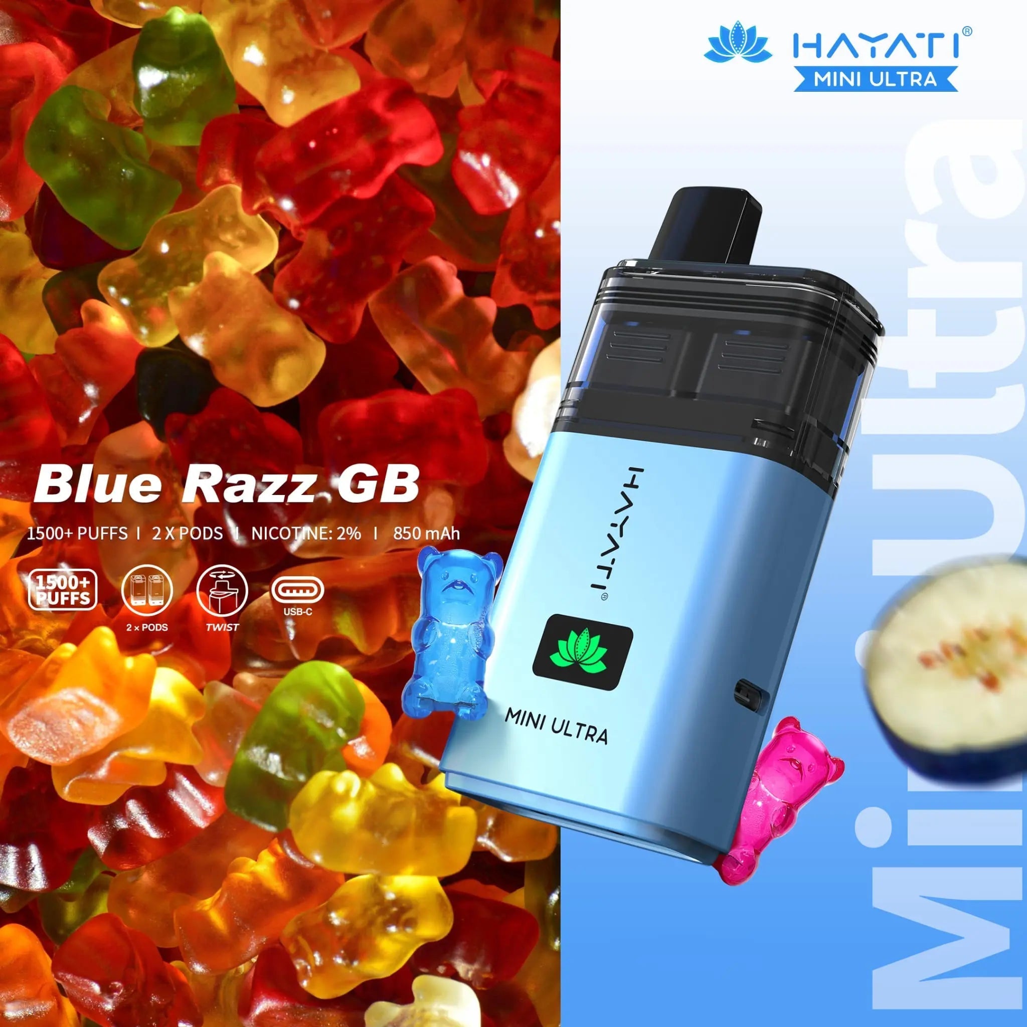 Hayati Mini Ultra 1500 Prefilled Vape Kit -Blue Razz Cherry-Planet Puff