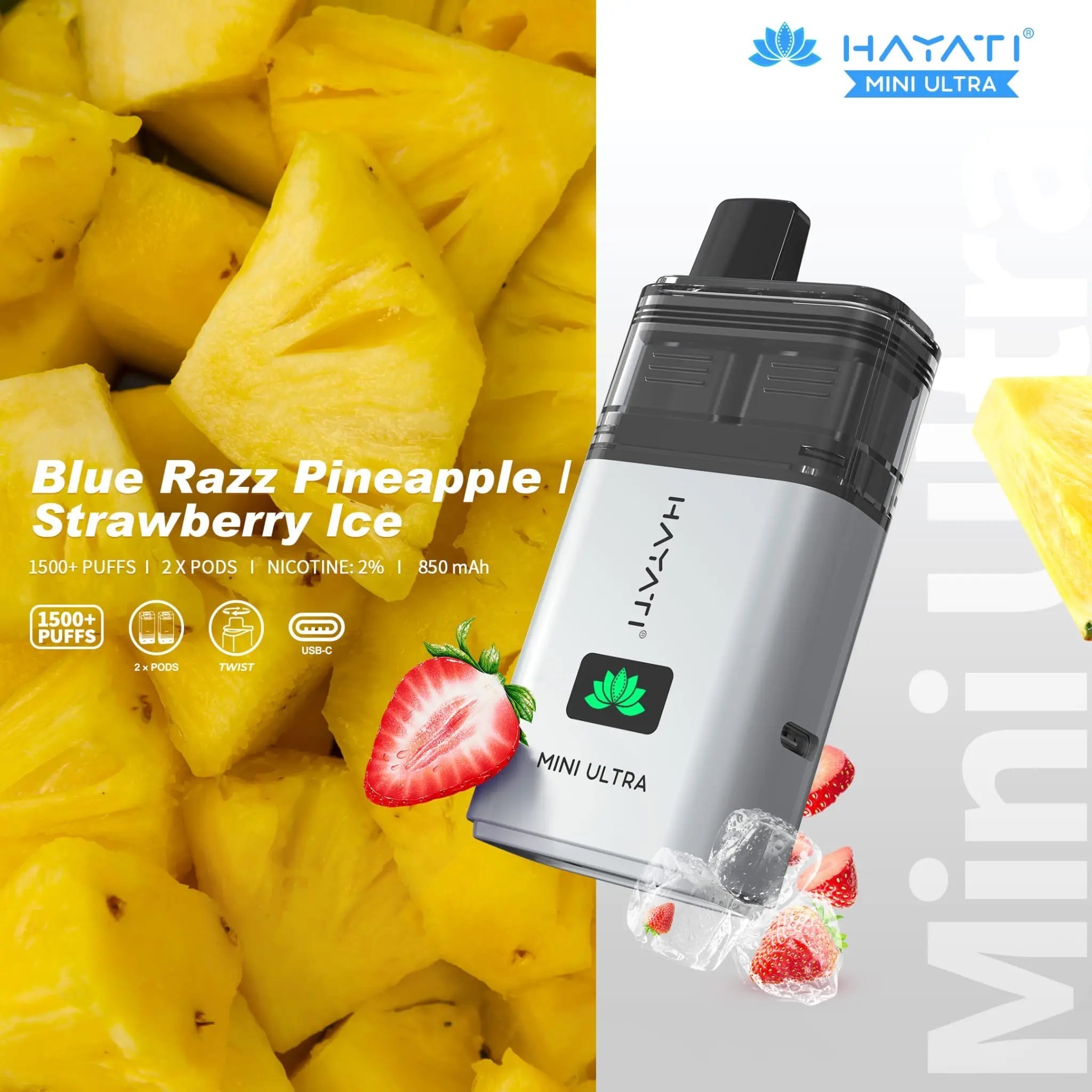 Hayati Mini Ultra 1500 Prefilled Vape Kit -Blue Razz Pineapple / Strawberry Ice-Planet Puff