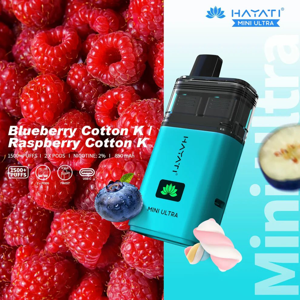 Hayati Mini Ultra 1500 Prefilled Vape Kit -Blueberry Cotton / Raspberry Cotton-Planet Puff