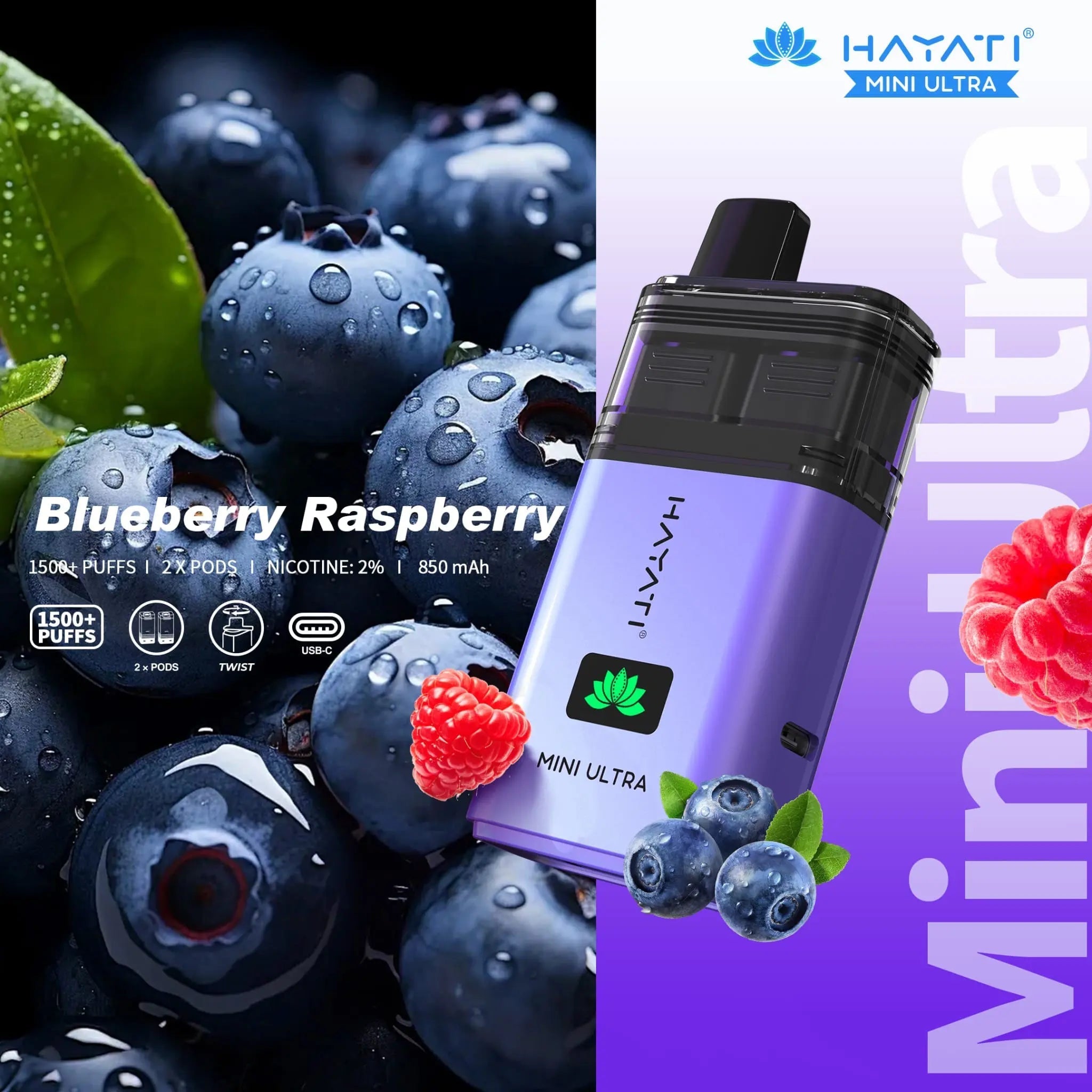 Hayati Mini Ultra 1500 Prefilled Vape Kit -Blueberry Strawberry Menthol/ Blueberry Raspberry Menthol-Planet Puff