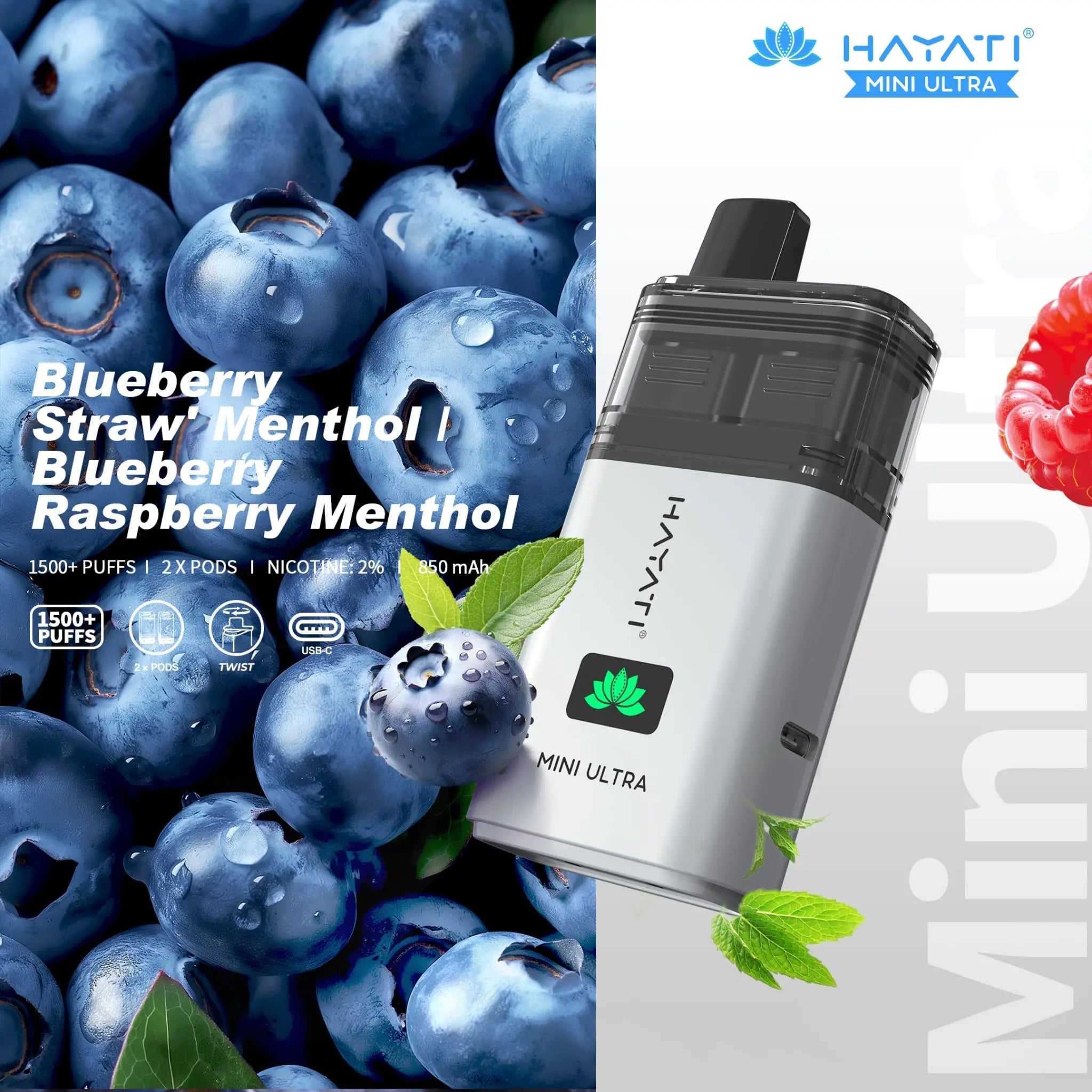 Hayati Mini Ultra 1500 Prefilled Vape Kit -Blueberry Strawberry Menthol/ Blueberry Raspberry Menthol-Planet Puff