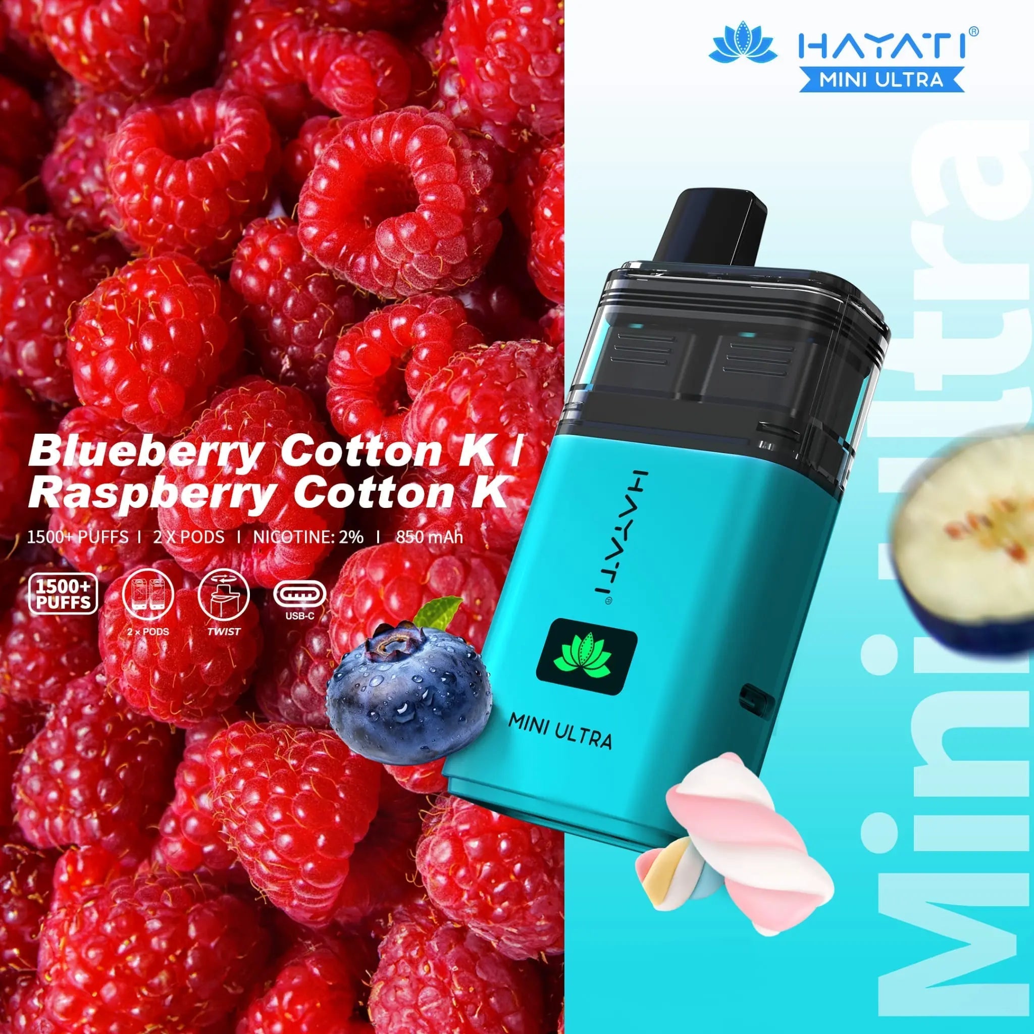 Hayati Mini Ultra 1500 Prefilled Vape Kit -Blueberry Strawberry Menthol/ Blueberry Raspberry Menthol-Planet Puff