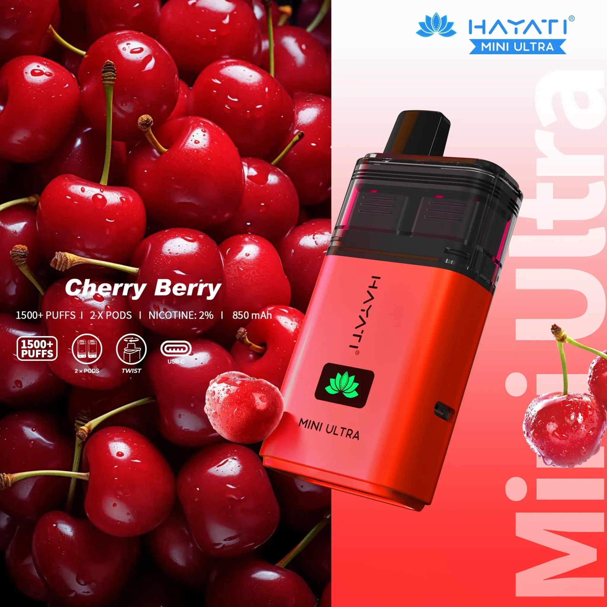 Hayati Mini Ultra 1500 Prefilled Vape Kit -Cherry Berry-Planet Puff