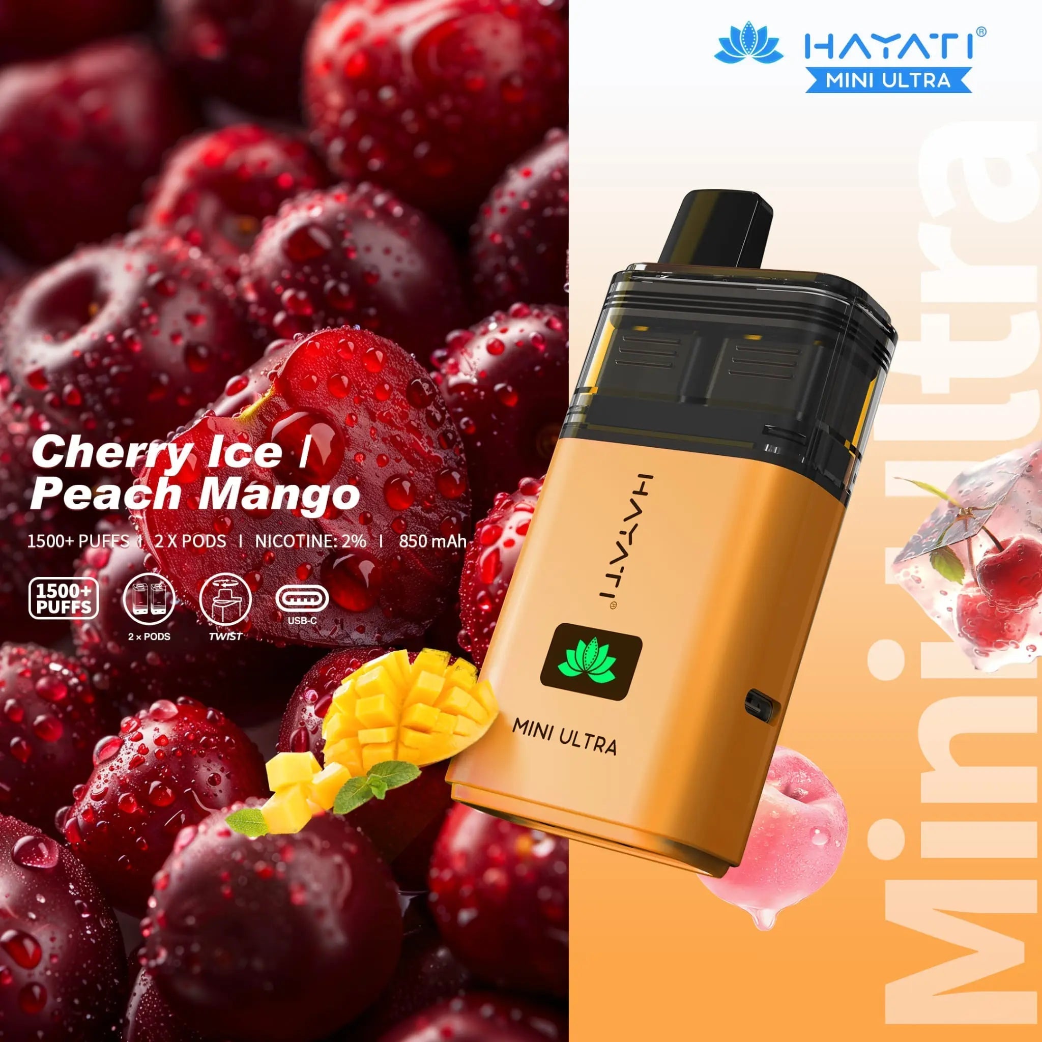 Hayati Mini Ultra 1500 Prefilled Vape Kit -Cherry Ice / Peach Mango-Planet Puff