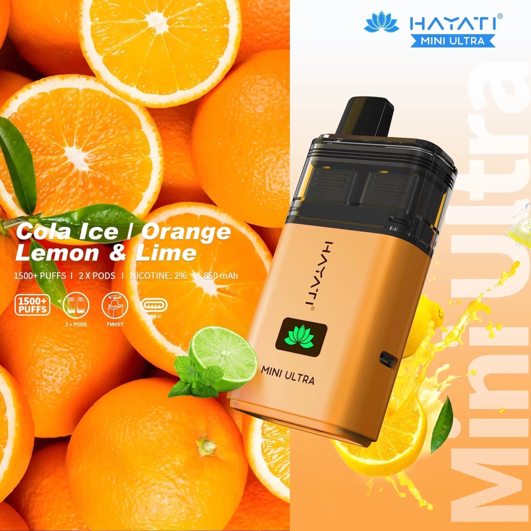 Hayati Mini Ultra 1500 Prefilled Vape Kit -Cola Ice / Orange Lemon & Lime-Planet Puff