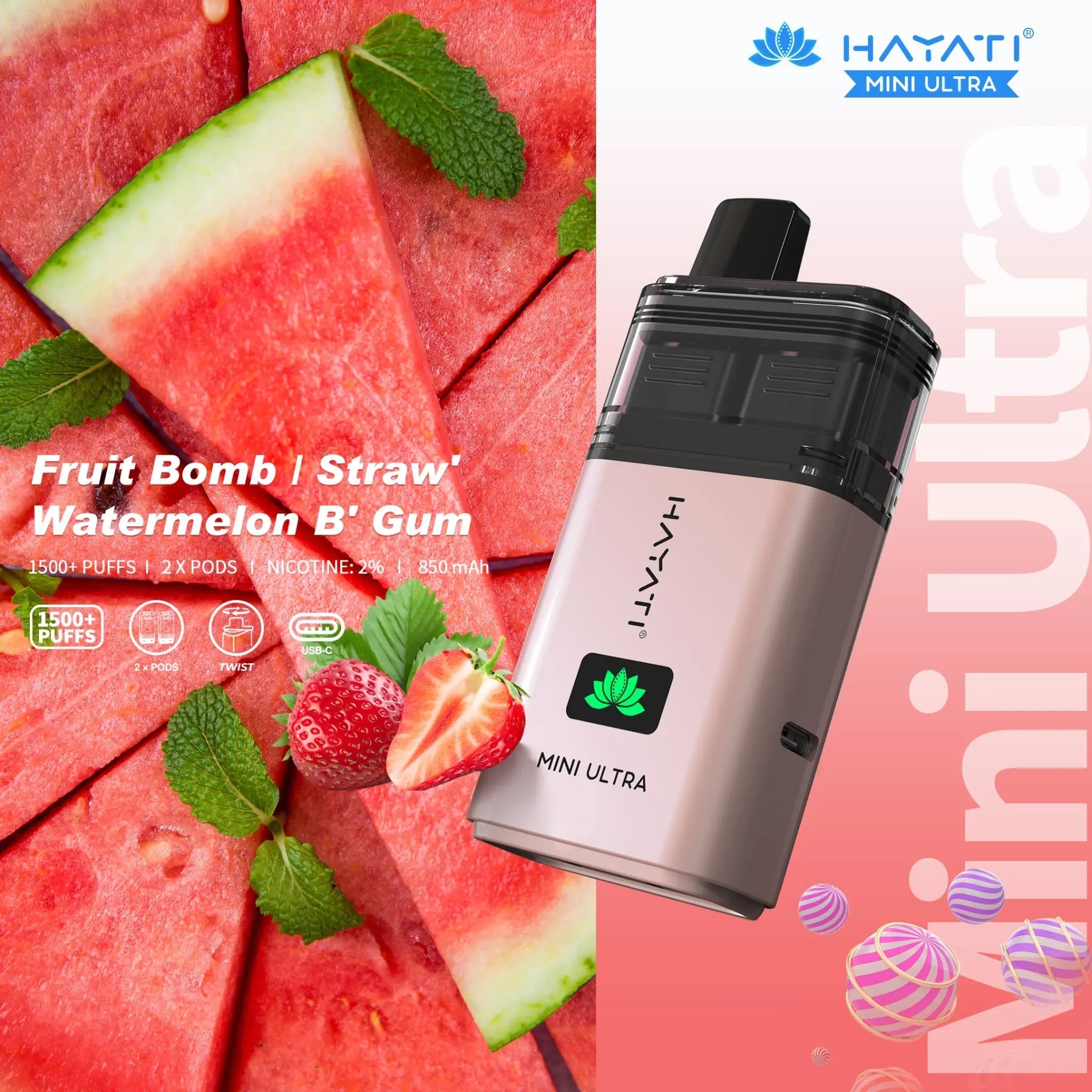 Hayati Mini Ultra 1500 Prefilled Vape Kit -Fruit Bomb / Strawberry Watermelon BG-Planet Puff