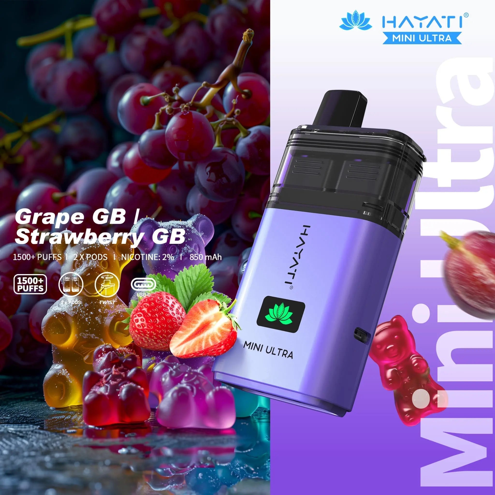 Hayati Mini Ultra 1500 Prefilled Vape Kit -Grape GB / Strawberry GB-Planet Puff