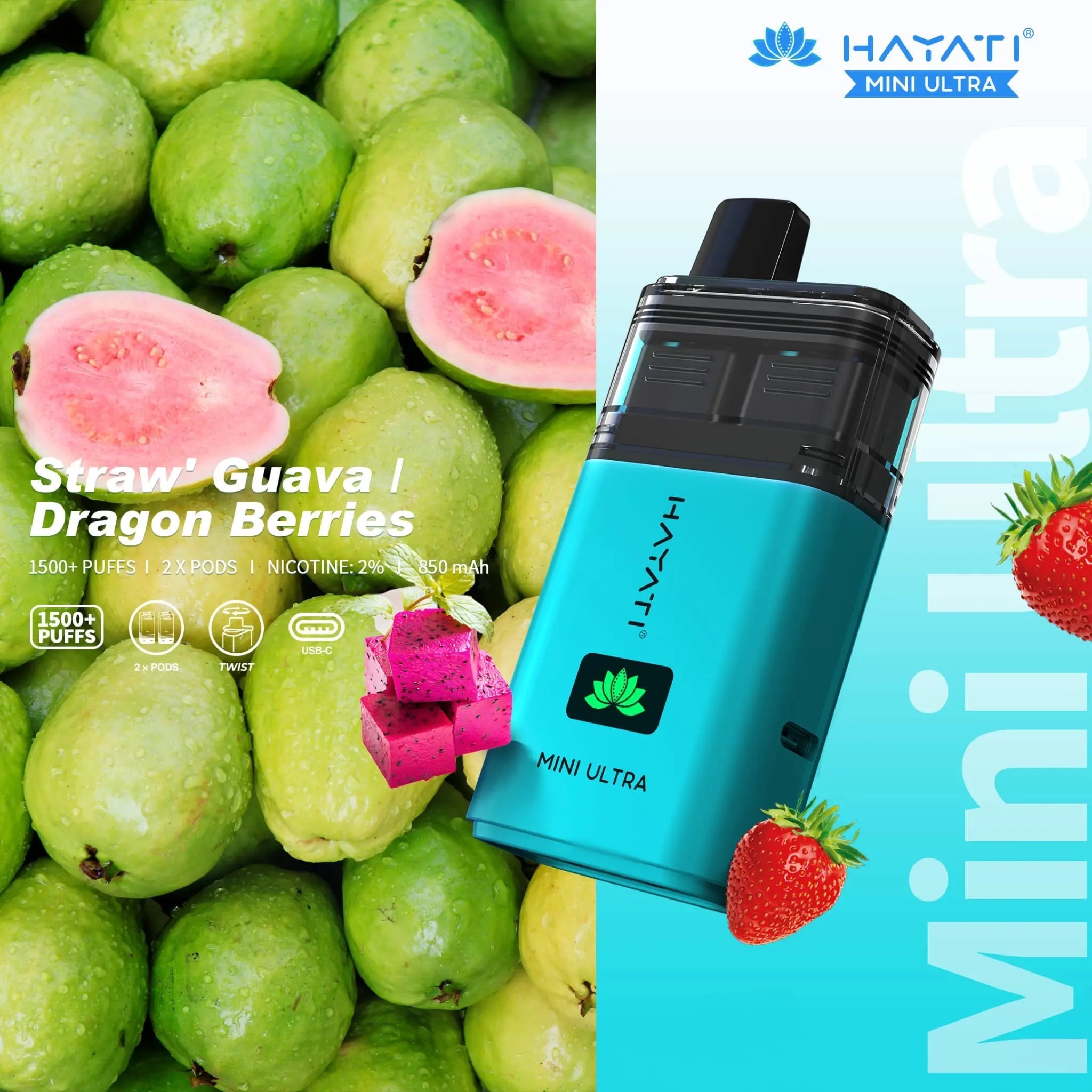 Hayati Mini Ultra 1500 Prefilled Vape Kit -Straw' Guava / Dragon Berries-Planet Puff
